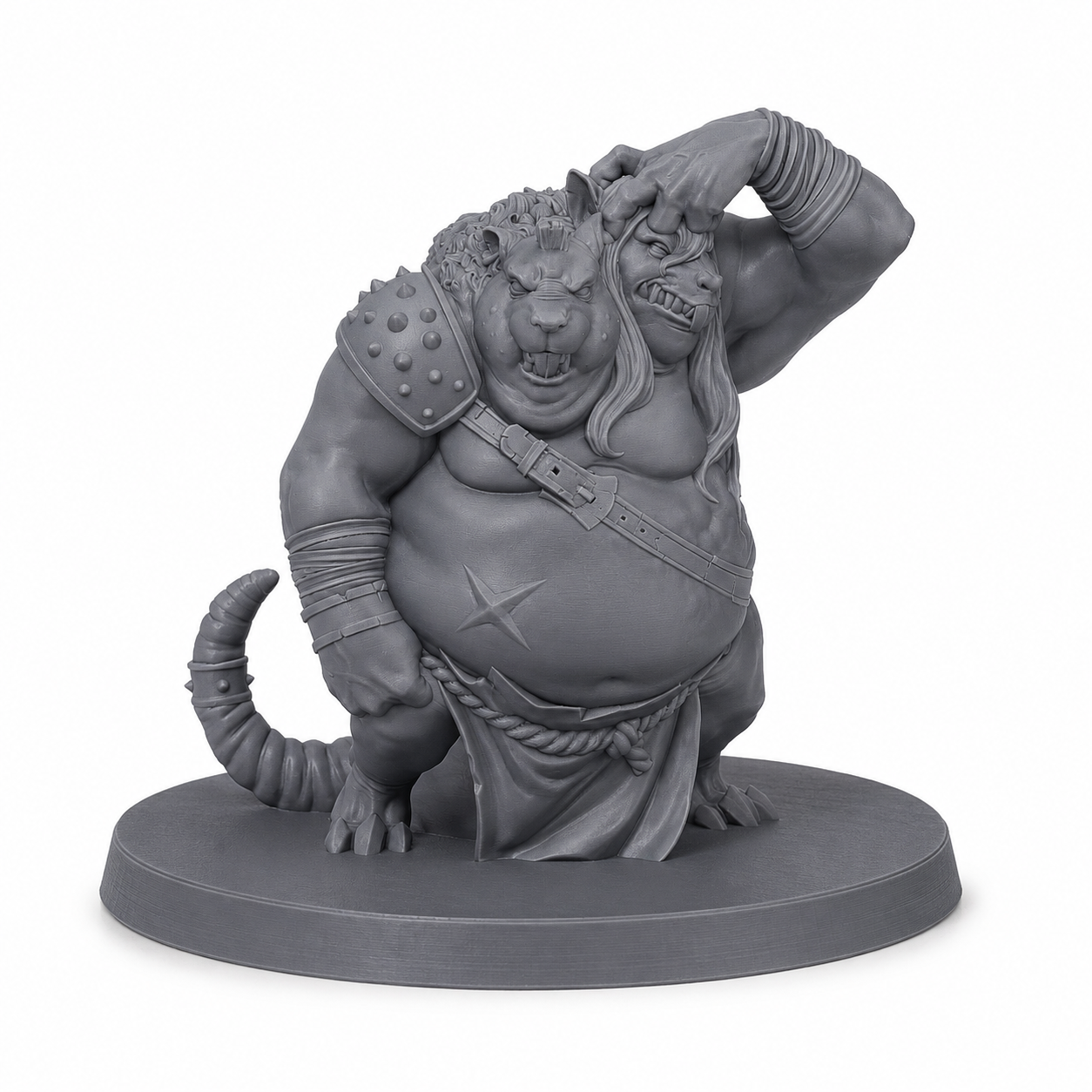 3D-printet 2-Headed Ratman mutert rottekriger med to hoder i grå PLA til D&D og tabletop-rollespill.
