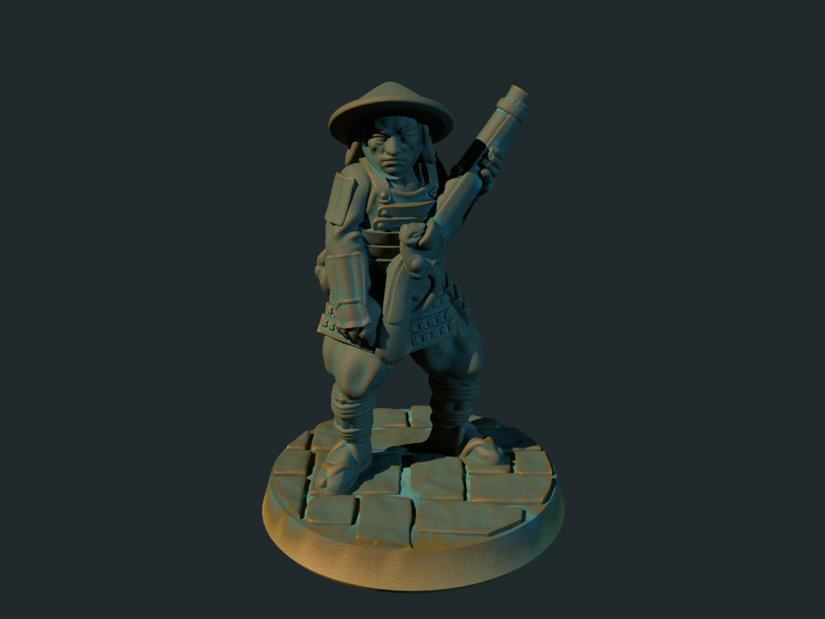 Ashigaru musketskytter 2, 3D-printet D&D-miniatyr fra Spillsmia.