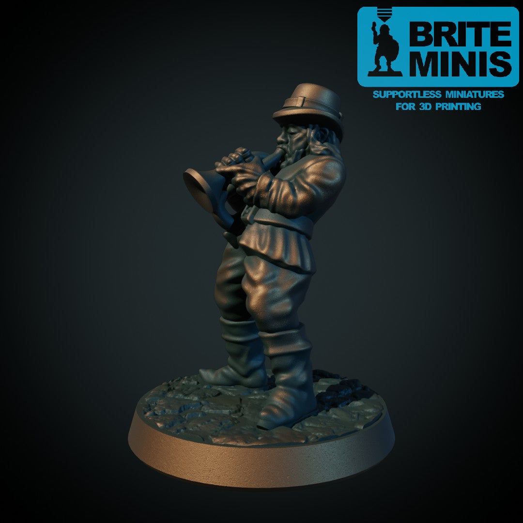Barde med flygelhorn, 3D-printet D&D-miniatyr fra Spillsmia.