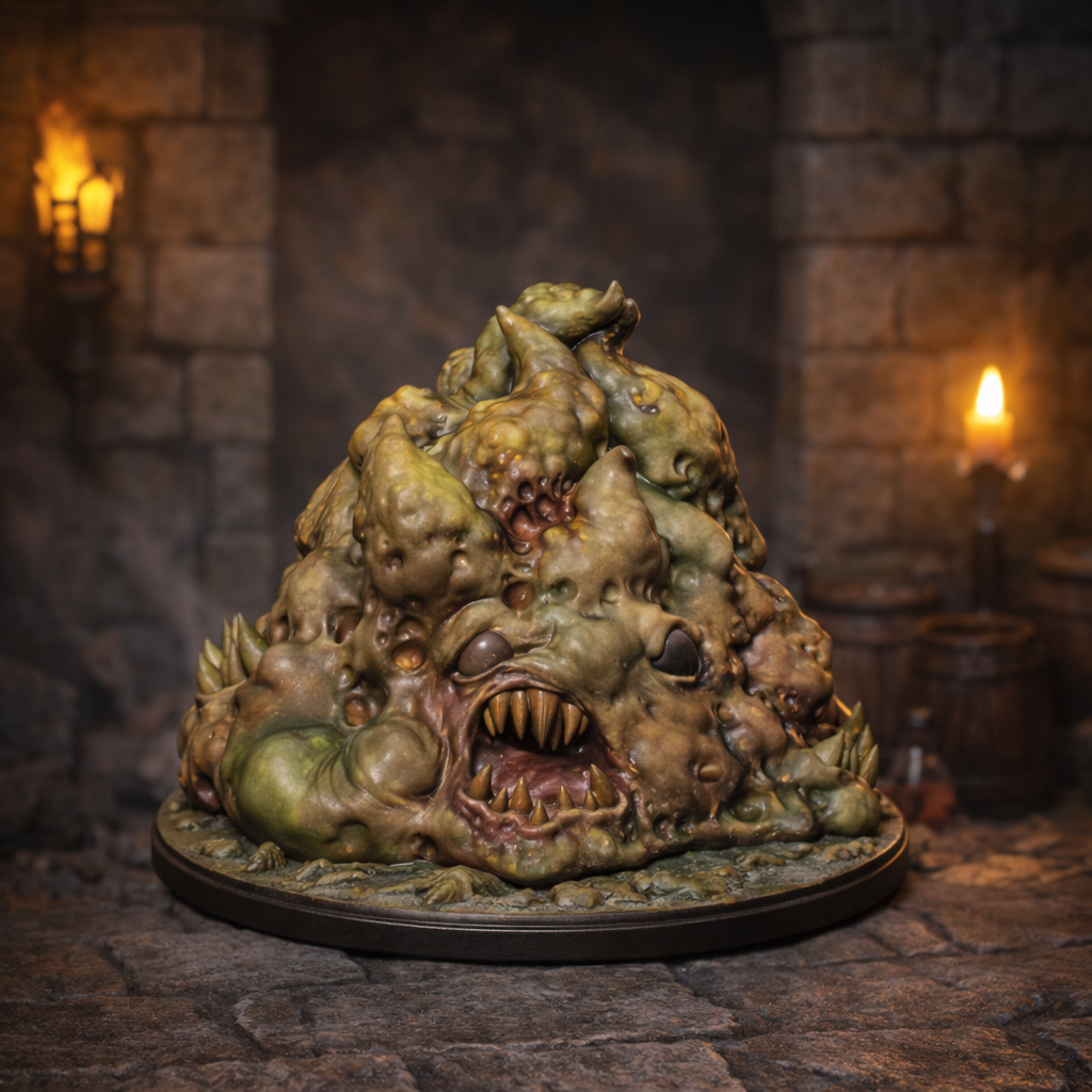 3D-printet Blob Ooze slimmonster i grå PLA til D&D og tabletop-rollespill.