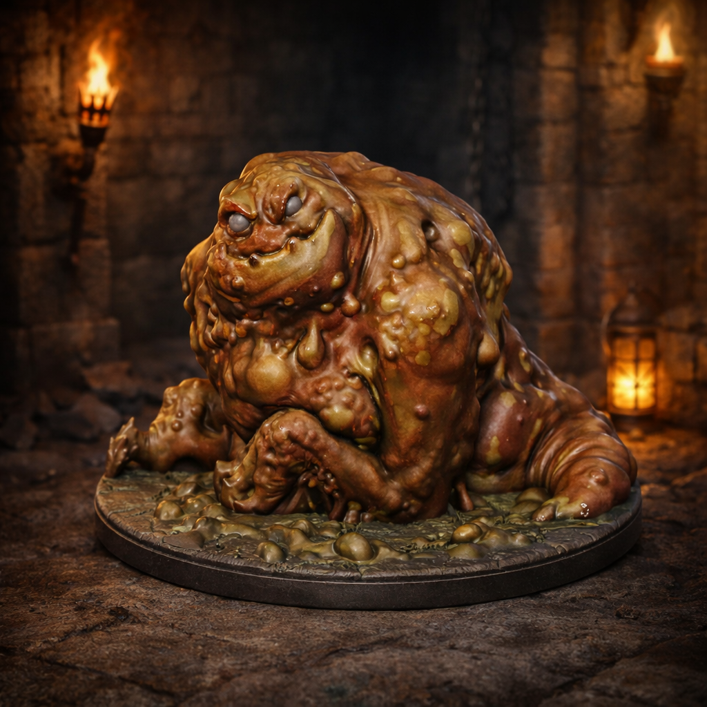 3D-printet Crawling Ooze slimmonster i grå PLA til D&D og tabletop-rollespill.