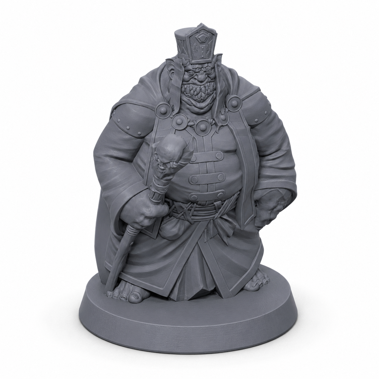 3D-printet demonisk prest med seremoniell stav, kappe, rustningsdetaljer og grotesk ansikt i grå PLA til D&D og tabletop-rollespill.
