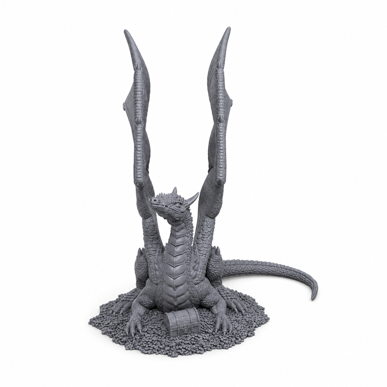 3D-printet Drage – skattens vokter med utstrakte vinger, lang hale og skattbase i grå PLA til D&D og tabletop-rollespill.