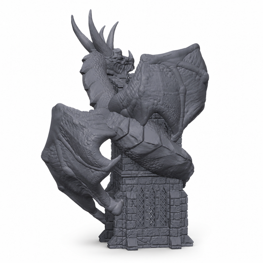 3D-printet Dragevokterens tårn med drage rundt steintårn i grå PLA til D&D og tabletop-rollespill.