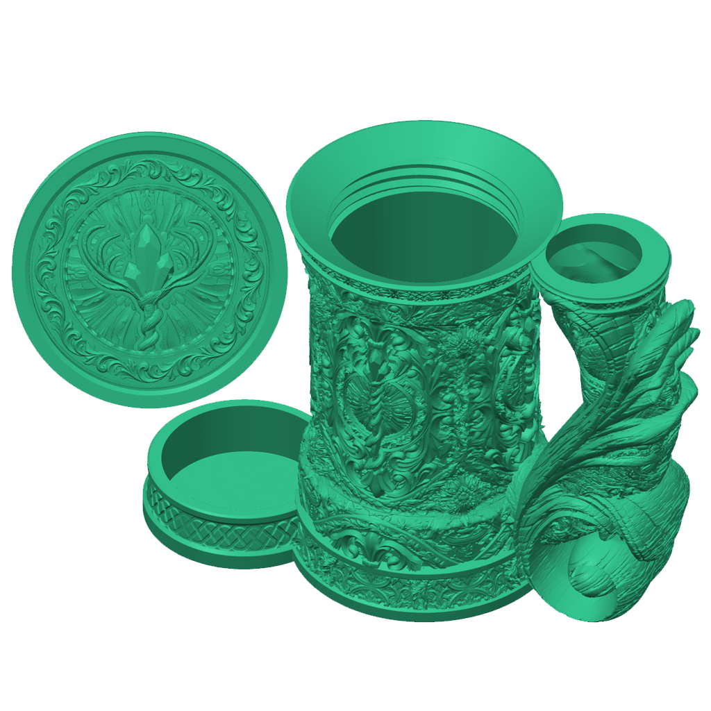 3D-printet grønt Druid eventyrkrus med naturinspirert design, skrulokk og integrert dice tower til D&D og tabletop-rollespill.