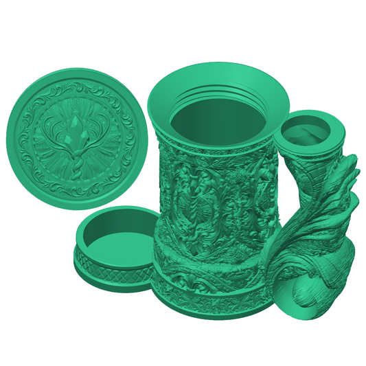 3D-printet grønt Druid eventyrkrus med naturinspirert design, skrulokk og integrert dice tower til D&D og tabletop-rollespill.