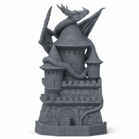 3D-printet terningtårn som befestet borg med drage på toppen i grå PLA til D&D.