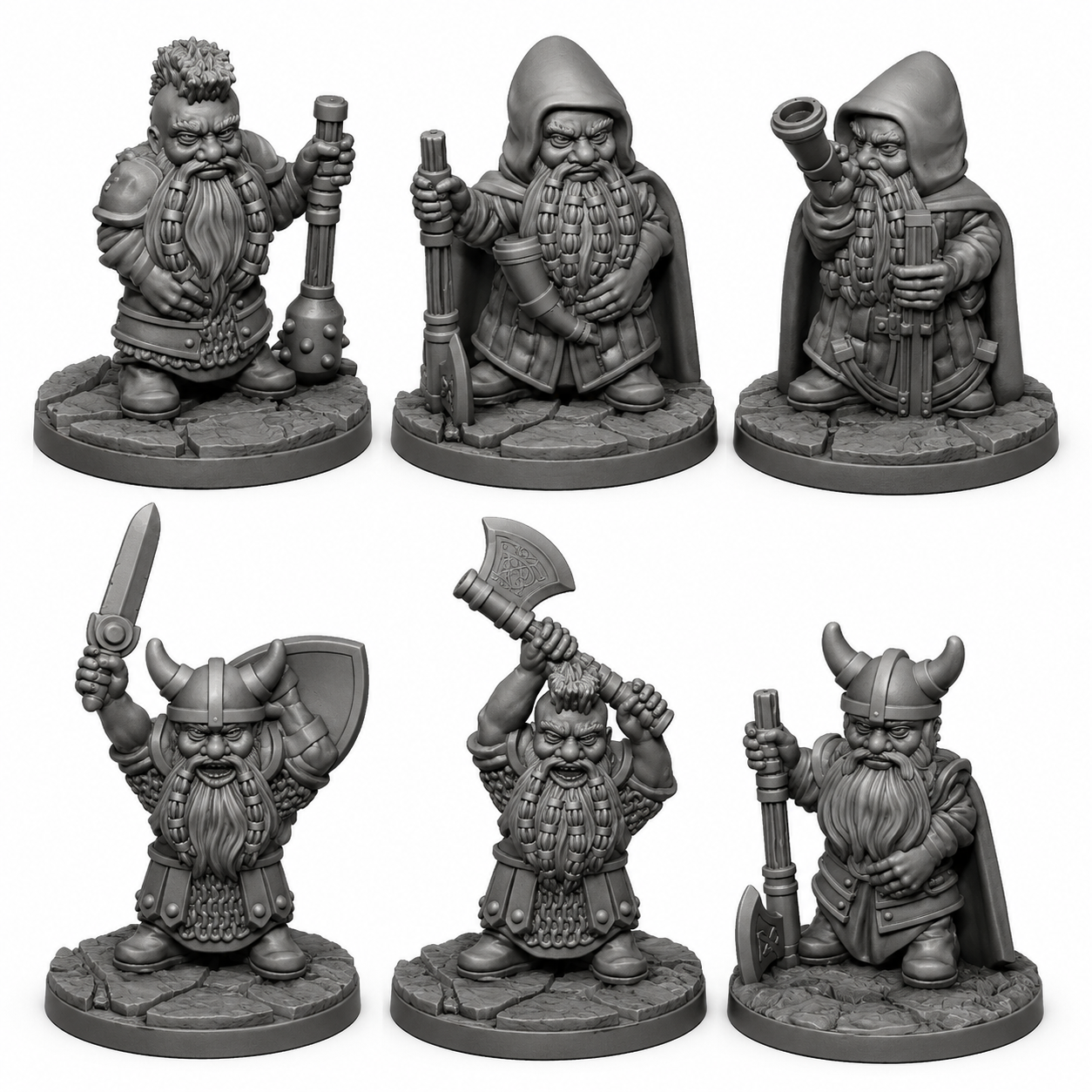 3D-printet Dverger II miniatyrsett i grå PLA til D&D og tabletop-rollespill.