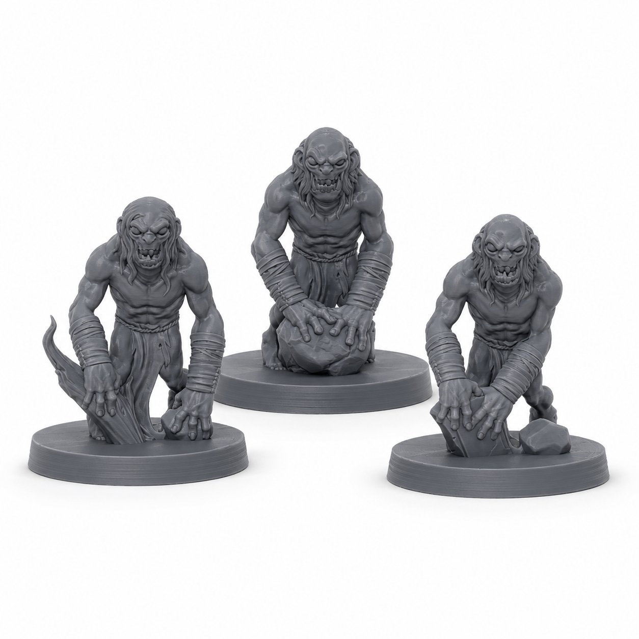3D-printet Ghouls miniatyrsett med tre krypende undead-fiender i grå PLA til D&D og tabletop-rollespill.