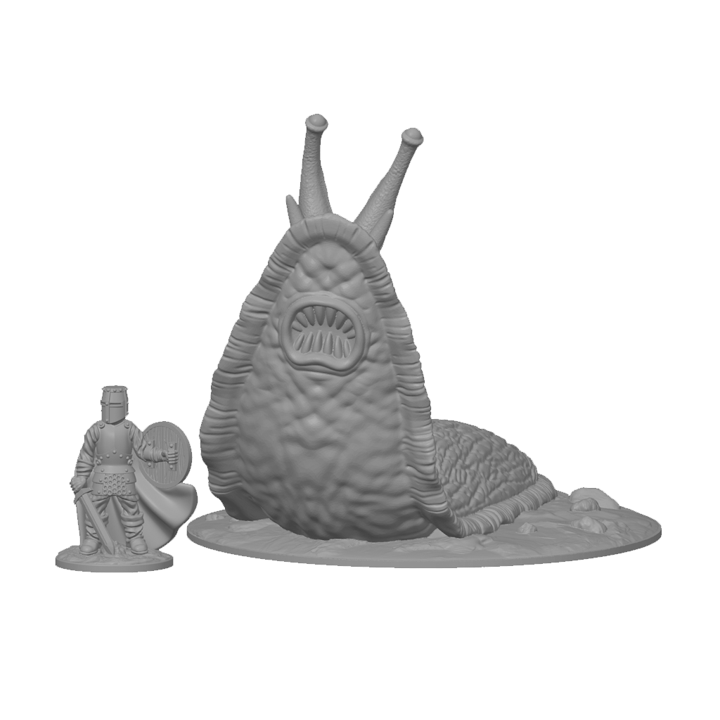 3D-printet Giant Slug monsterminiatyr i grå PLA til D&D og tabletop-rollespill.