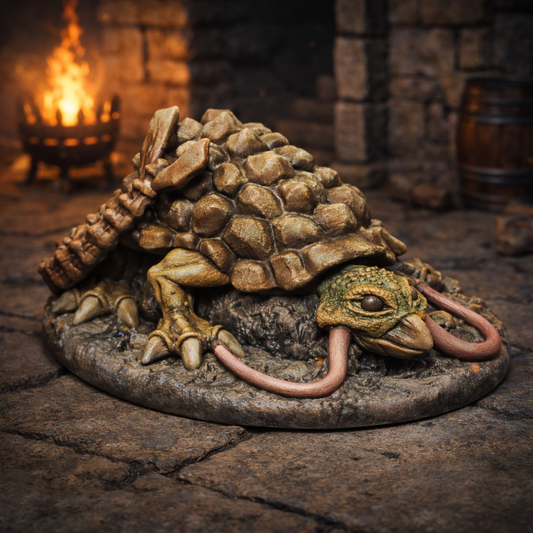 3D-printet Kjempeskilpadde monsterminiatyr i grå PLA til D&D og tabletop-rollespill.