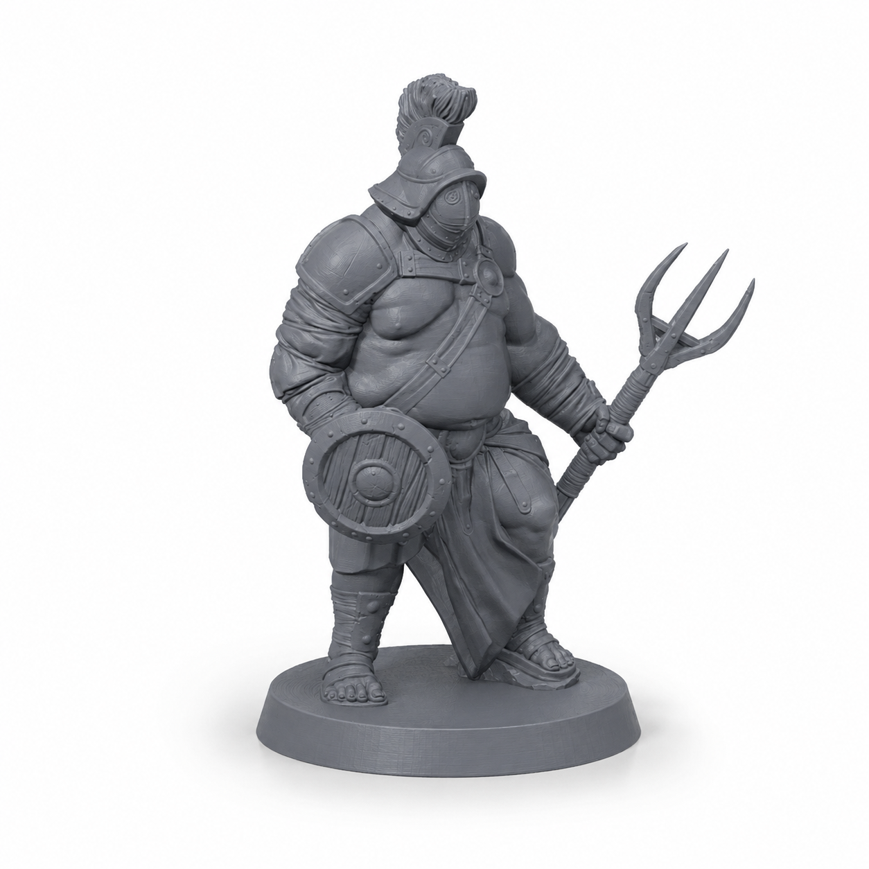 3D-printet Gladiator II med skjold og trefork i grå PLA til D&D og tabletop-rollespill.