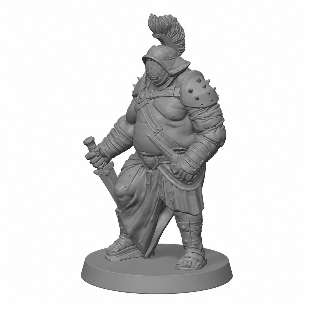 3D-printet Gladiator III arena-kjemper i grå PLA til D&D og tabletop-rollespill.