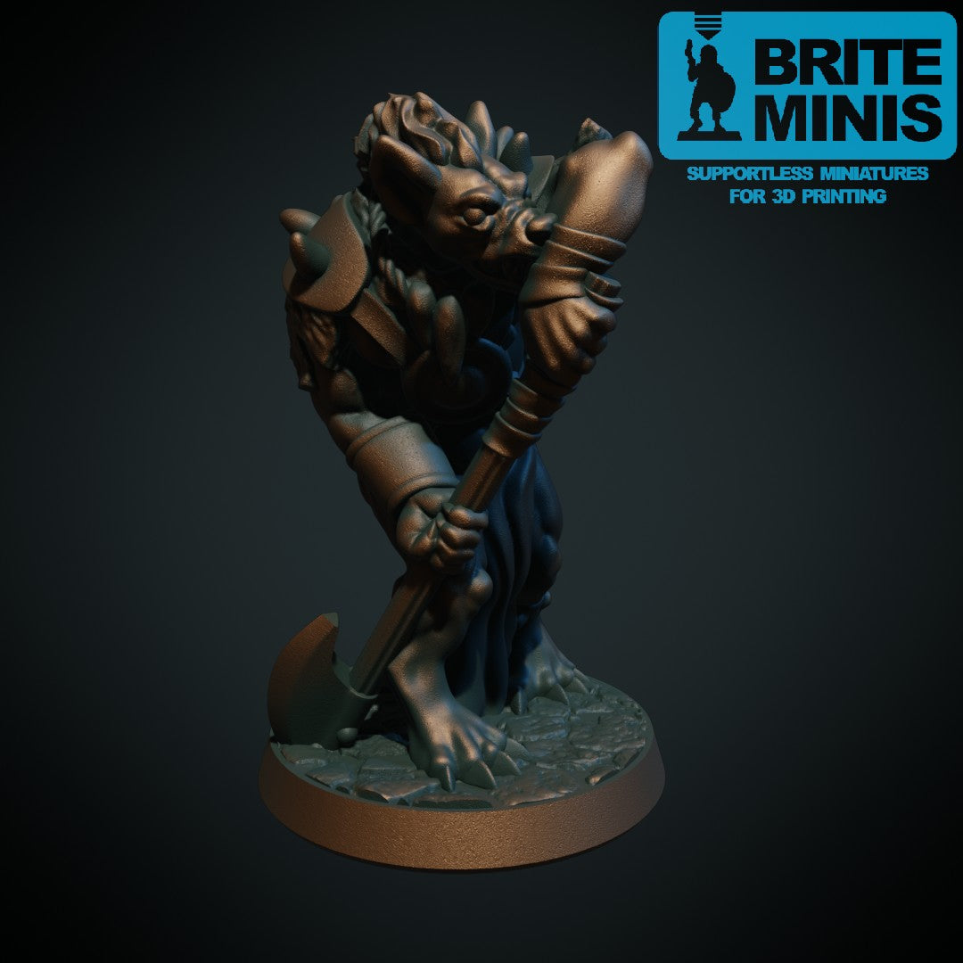 3D-printet gnoll med øks II i grå PLA til D&D og Pathfinder.
