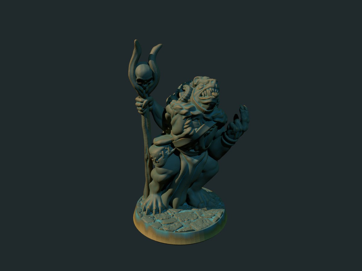3D-printet gnoll-sjaman i grå PLA til D&D og Pathfinder.