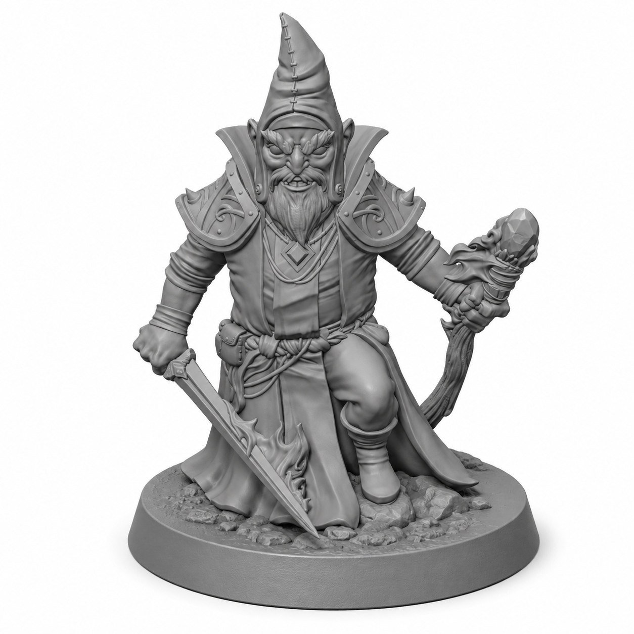 3D-printet Gnome Sorcerer Pyromancer miniatyr i grå PLA til D&D og tabletop-rollespill.