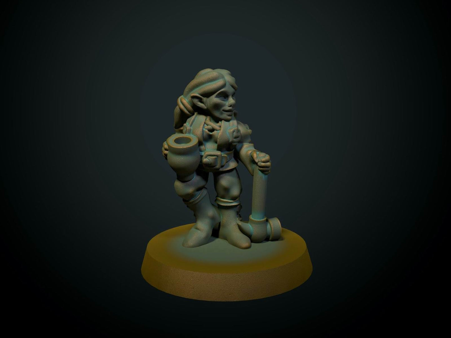 Kvinnelig gnom med hammer, 3D-printet D&D-miniatyr fra Spillsmia.