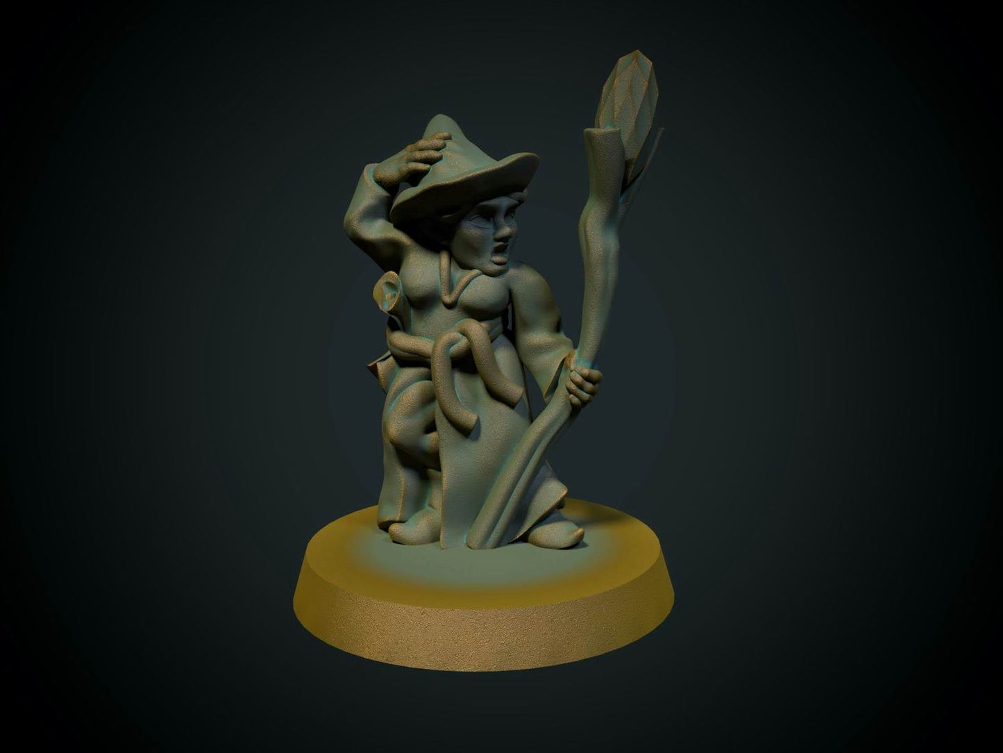 Kvinnelig gnommagiker, 3D-printet D&D-miniatyr fra Spillsmia.