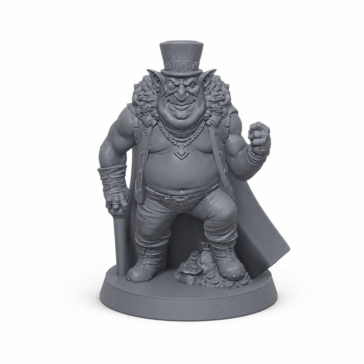3D-printet Goblin-gjengleder med hatt, kappe og lederpositur i grå PLA til D&D og tabletop-rollespill.