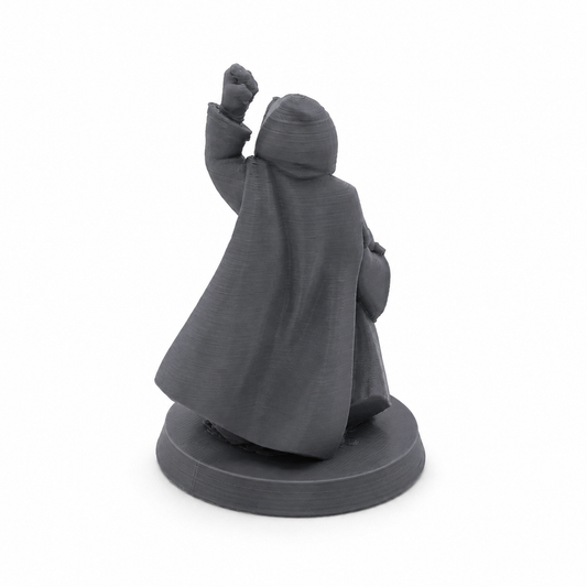 3D-printet Grimbrann med hette, kappe og forbannet skalle i grå PLA til D&D og tabletop-rollespill.
