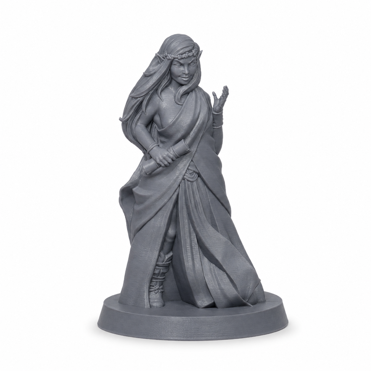 3D-printet Heartwood alv III med kappe og magisk positur i grå PLA til D&D og tabletop-rollespill.