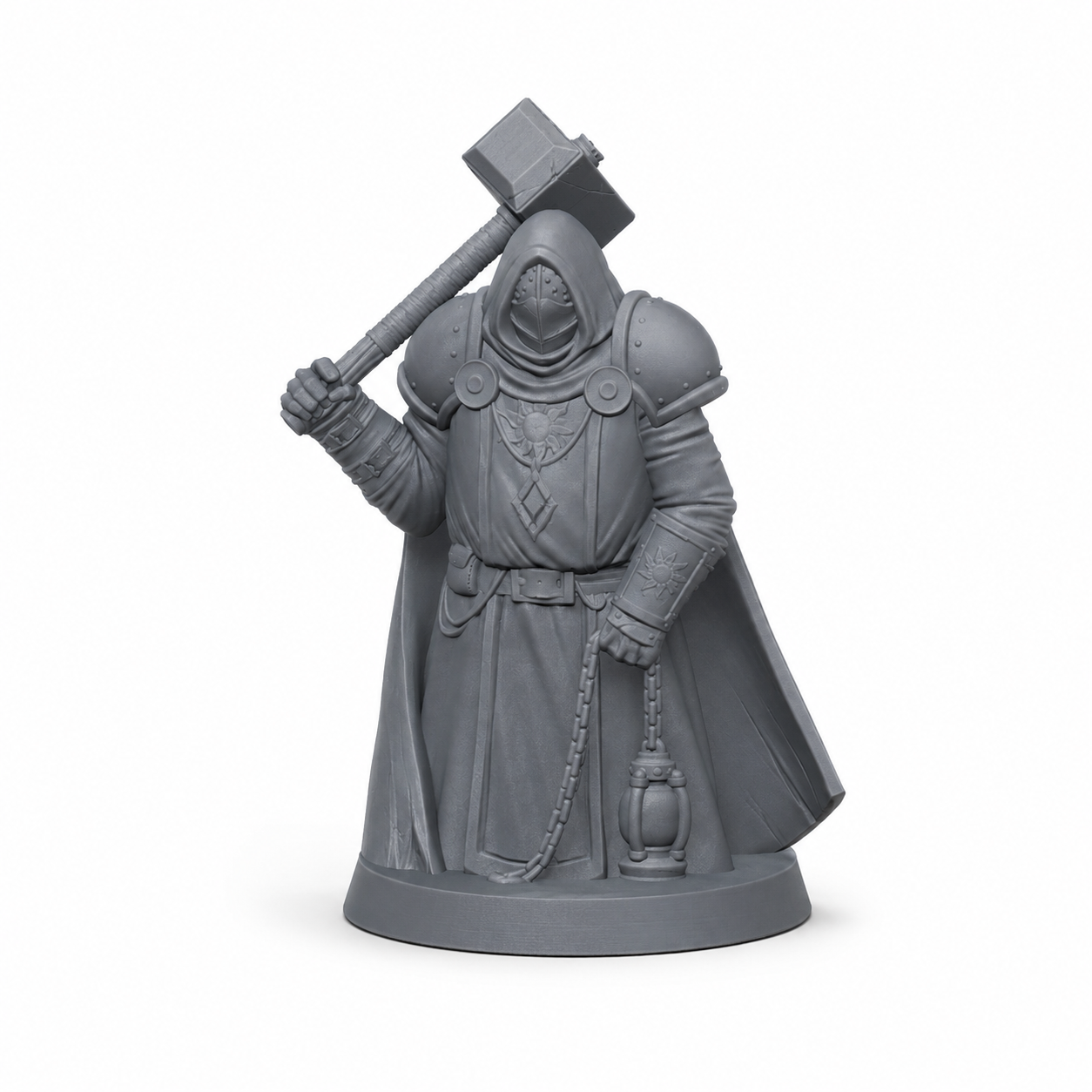 3D-printet Heavy Battle Priest med tohåndshammer i grå PLA til D&D og tabletop-rollespill.