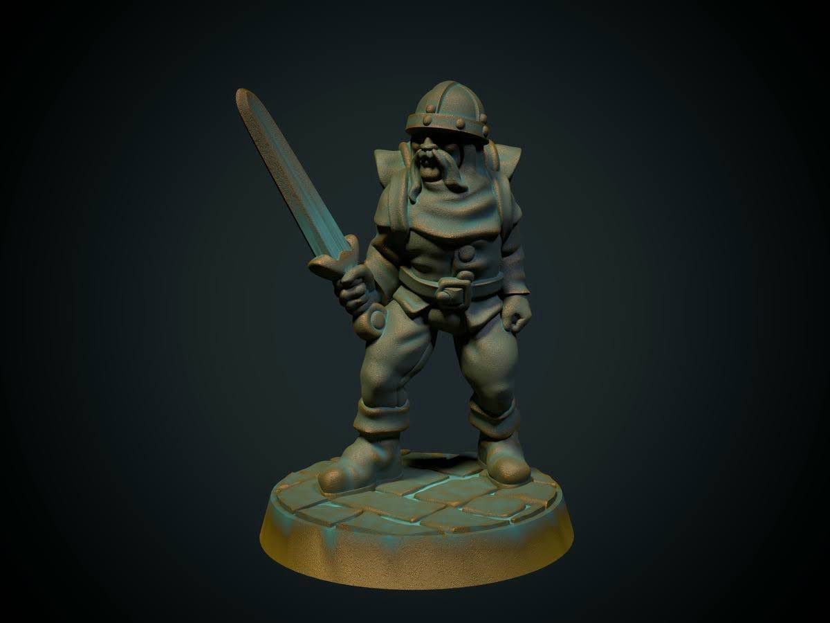 Leiehjelp med sverd, 3D-printet D&D-miniatyr fra Spillsmia.