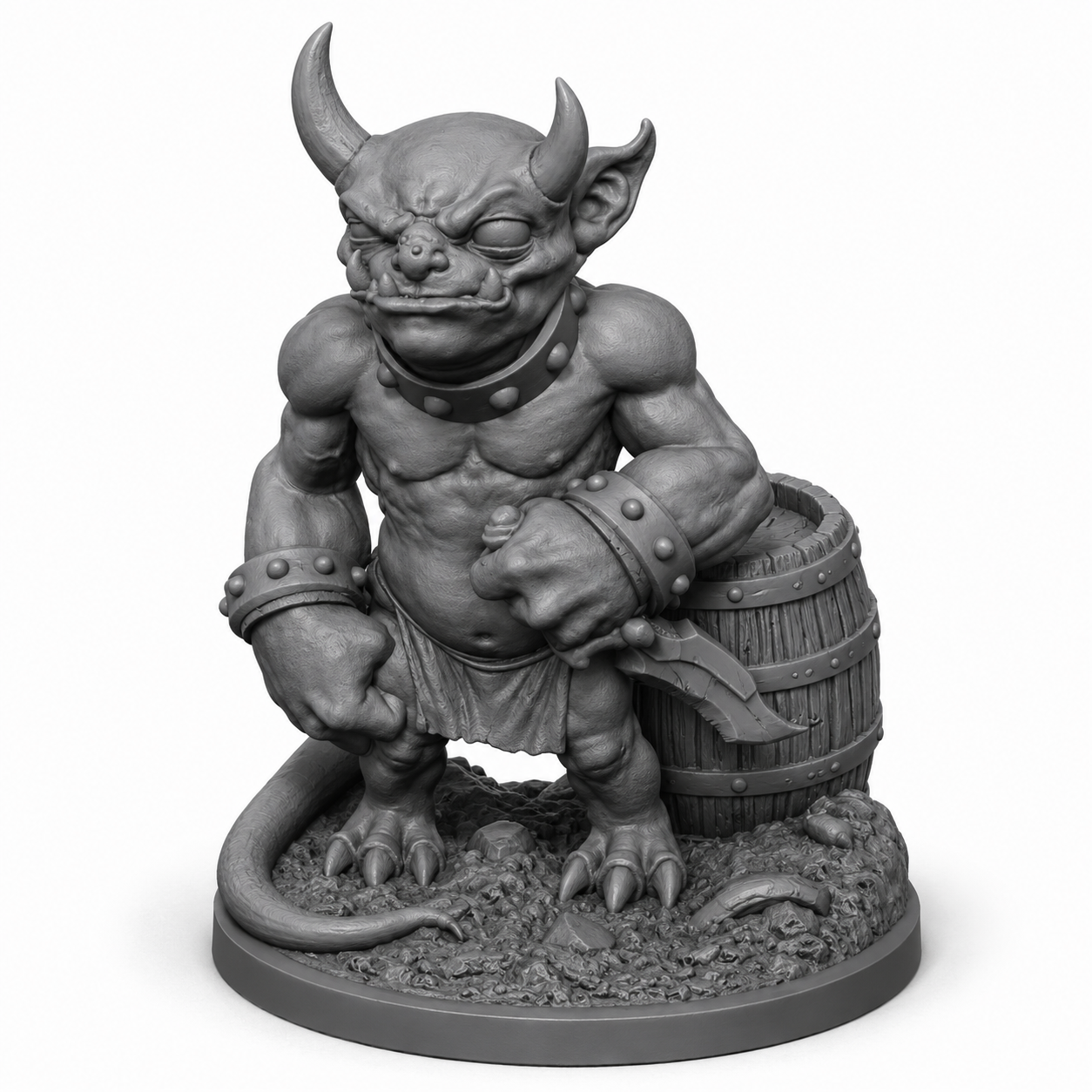 3D-printet Imp monsterminiatyr i grå PLA til D&D og tabletop-rollespill.