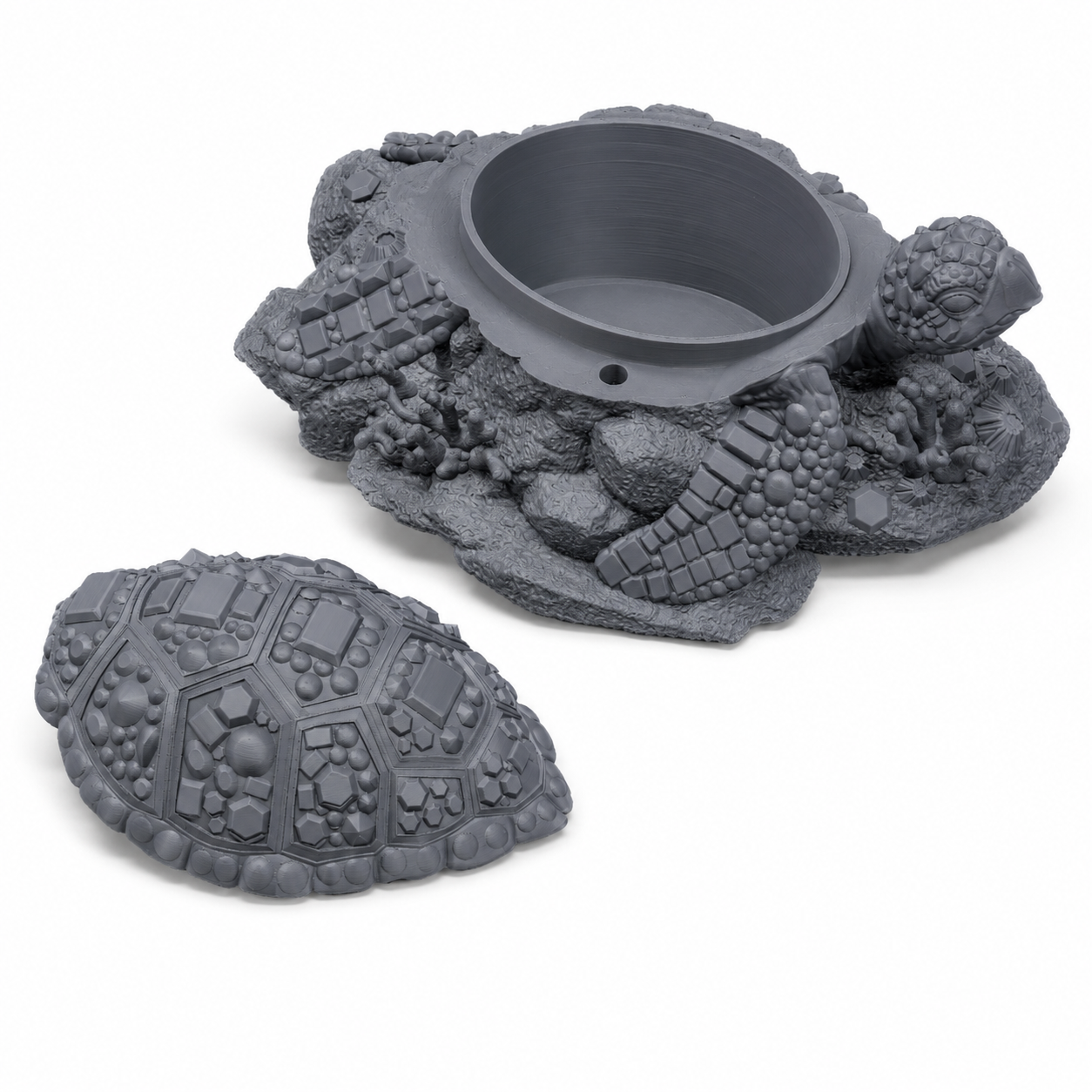 3D-printet juvelskilpadde med detaljert skall, stein- og krystalldetaljer i grå PLA til D&D og tabletop-rollespill.
