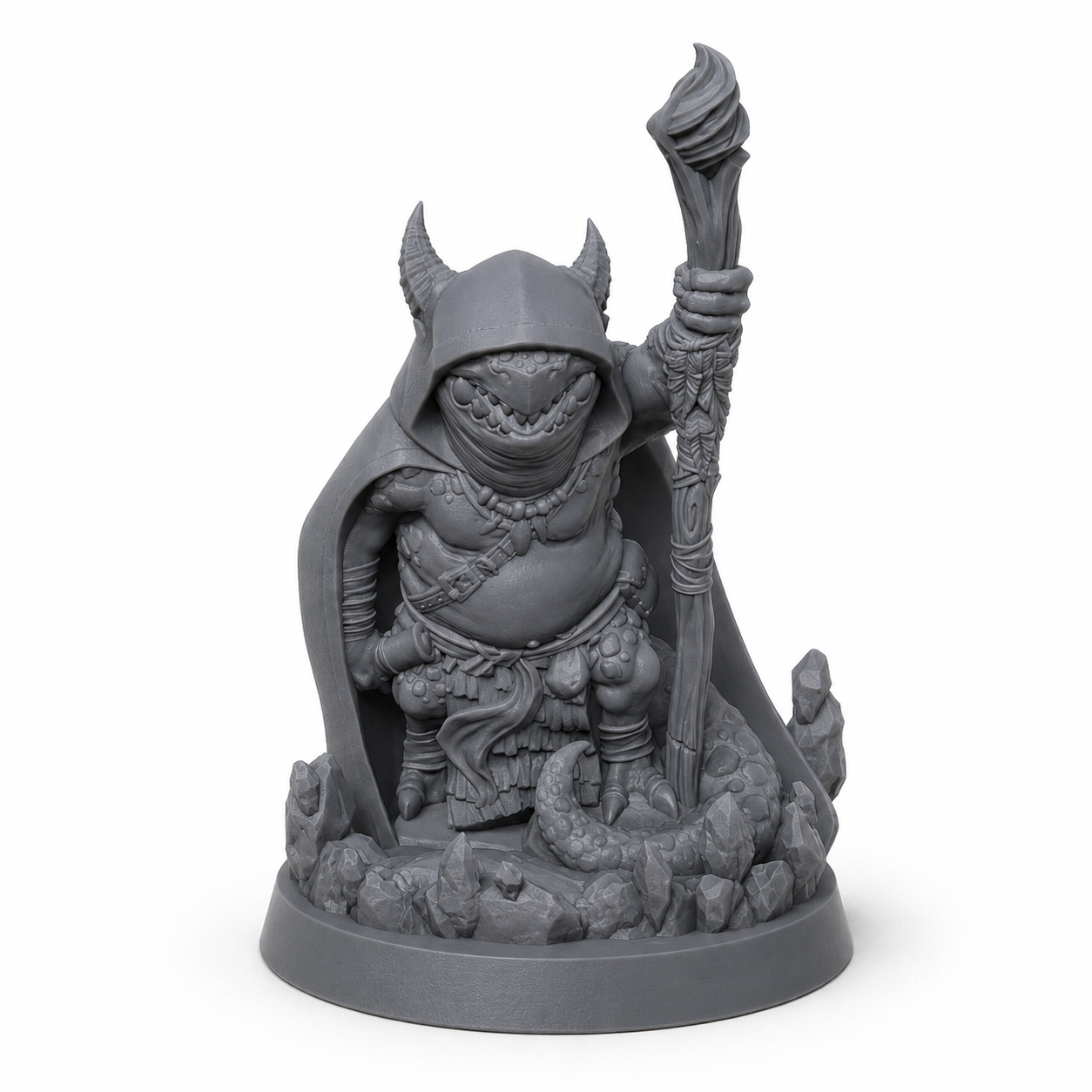 3D-printet Kobold Caster miniatyr i grå PLA til D&D og tabletop-rollespill.