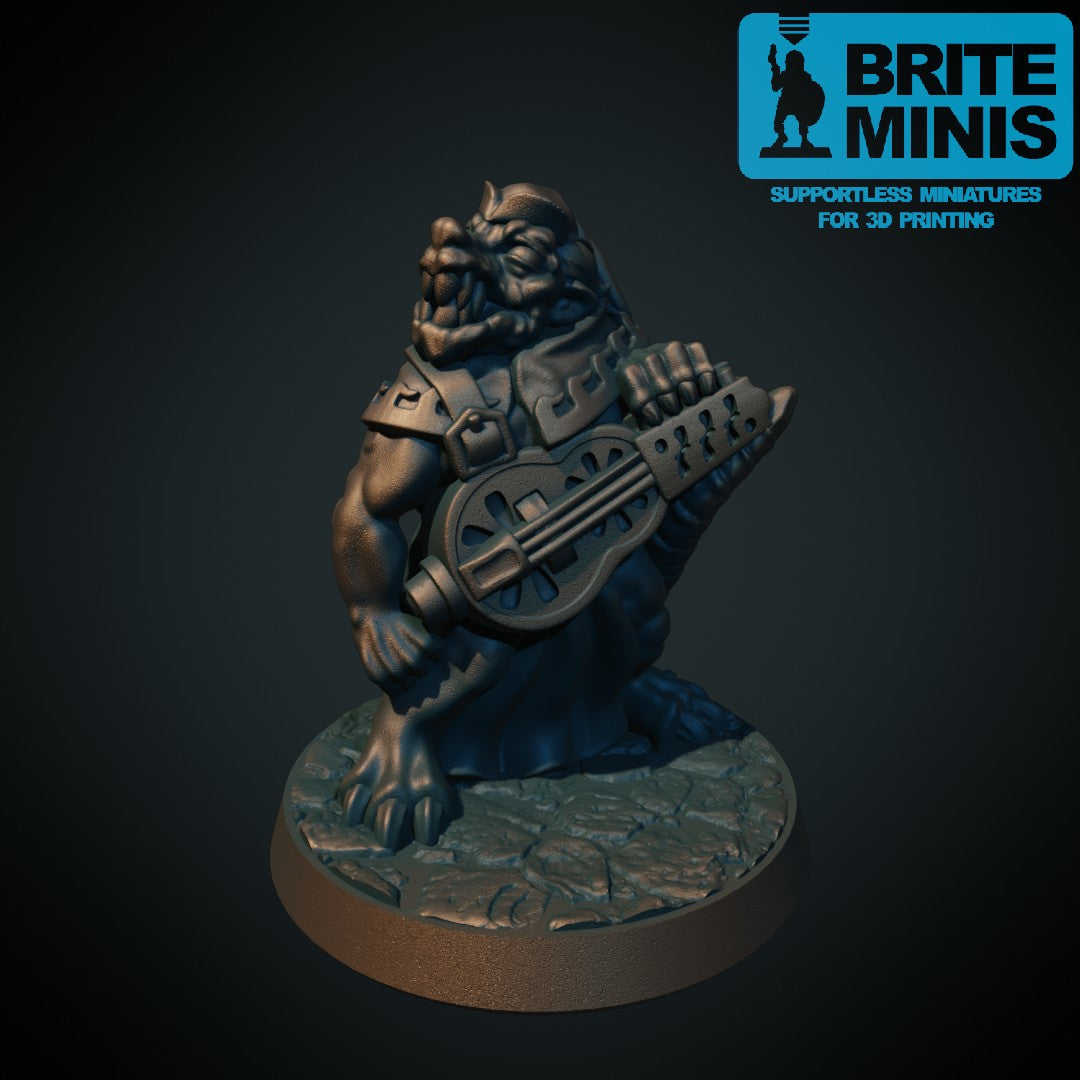3D-printet kobold-barde med lirekasse i grå PLA til D&D og Pathfinder.