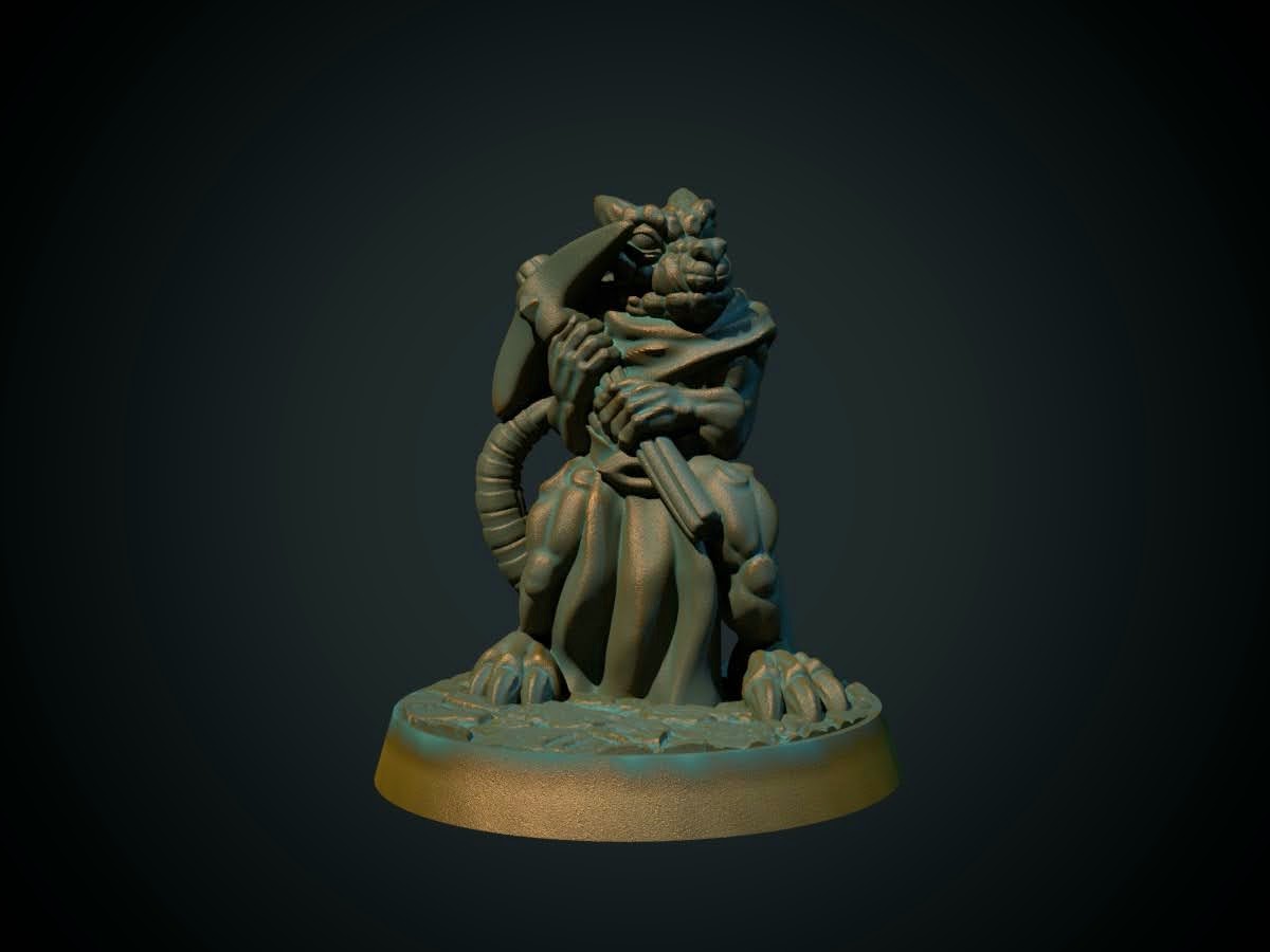 3D-printet kobold med hakke i grå PLA til D&D og Pathfinder.