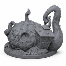3D-printet gresskar-monsterminiatyr med tentakler og lanterne i grå PLA til D&D og Pathfinder.