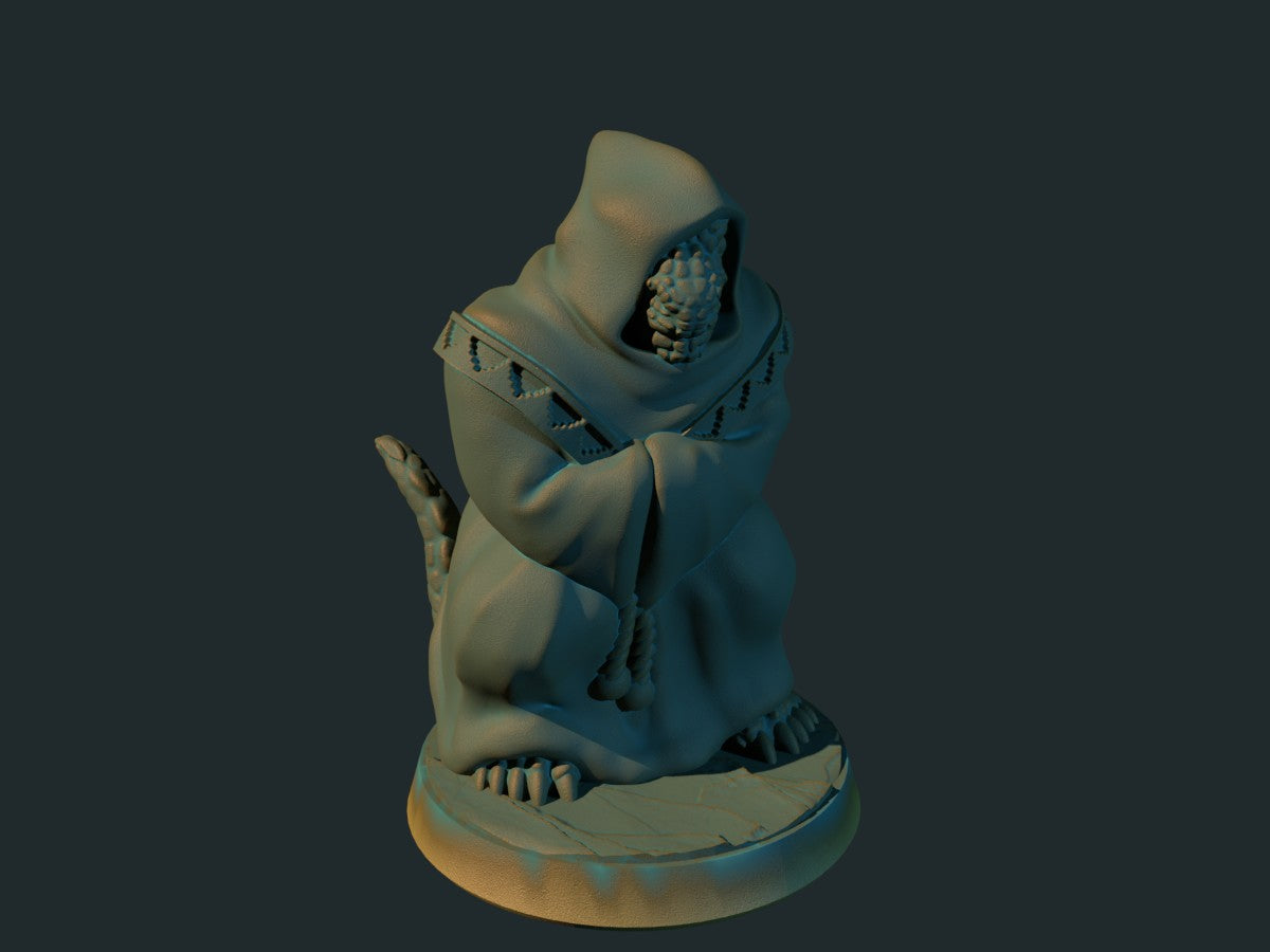 Øgleman med hette, 3D-printet D&D-miniatyr fra Spillsmia.