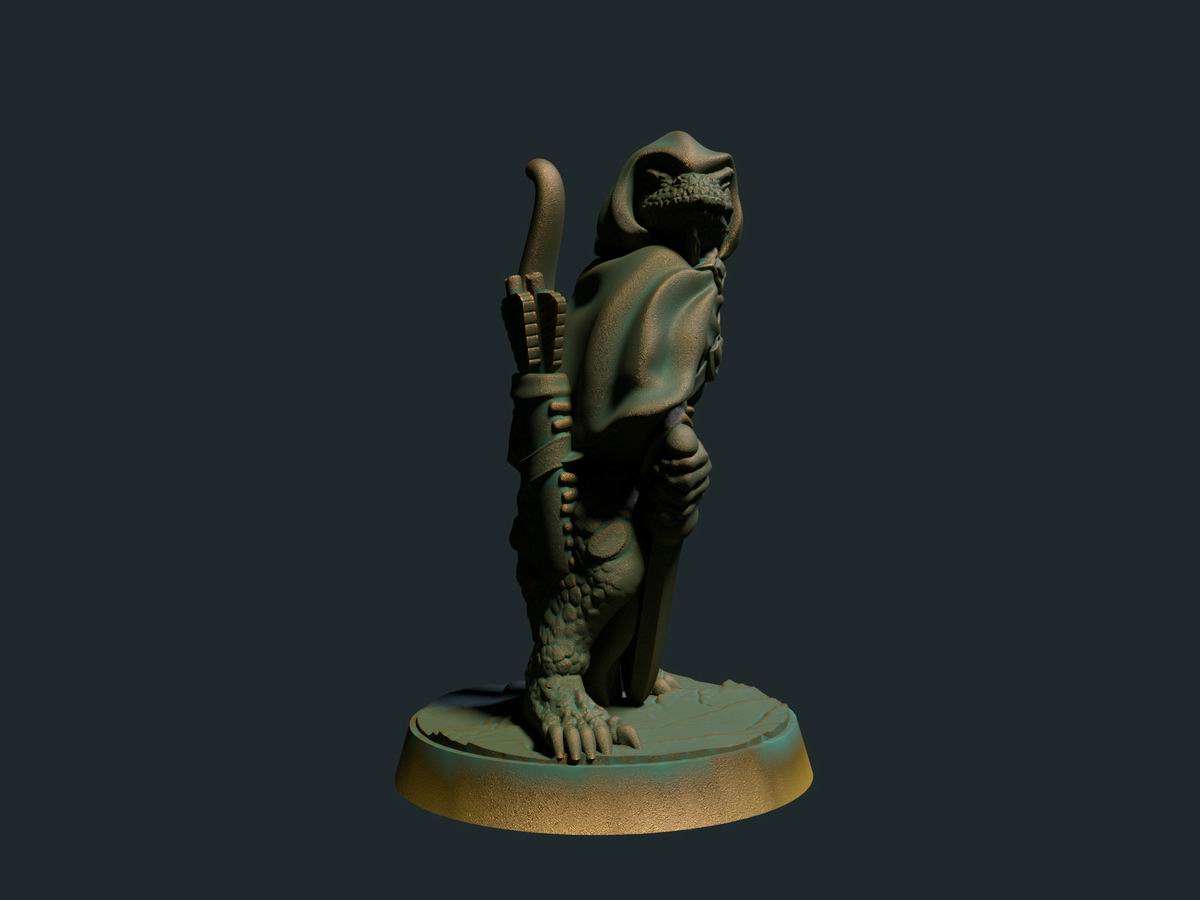 Lizardman-ranger, 3D-printet D&D-miniatyr fra Spillsmia.