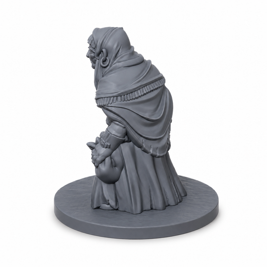 3D-printet markedskone med grønnsaker, forkle, hodeplagg og kjøkkenkniv i grå PLA til D&D og tabletop-rollespill.