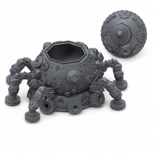 3D-printet OctoTank spillerskrin med skrulokk, mekaniske bein, pansret kuppelkropp og steampunk-detaljer i grå PLA til terninger og tabletop-rollespill.