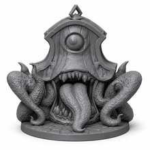 3D-printet klokkemimic med gap, tunge og tentakler i grå PLA til D&D og Pathfinder.