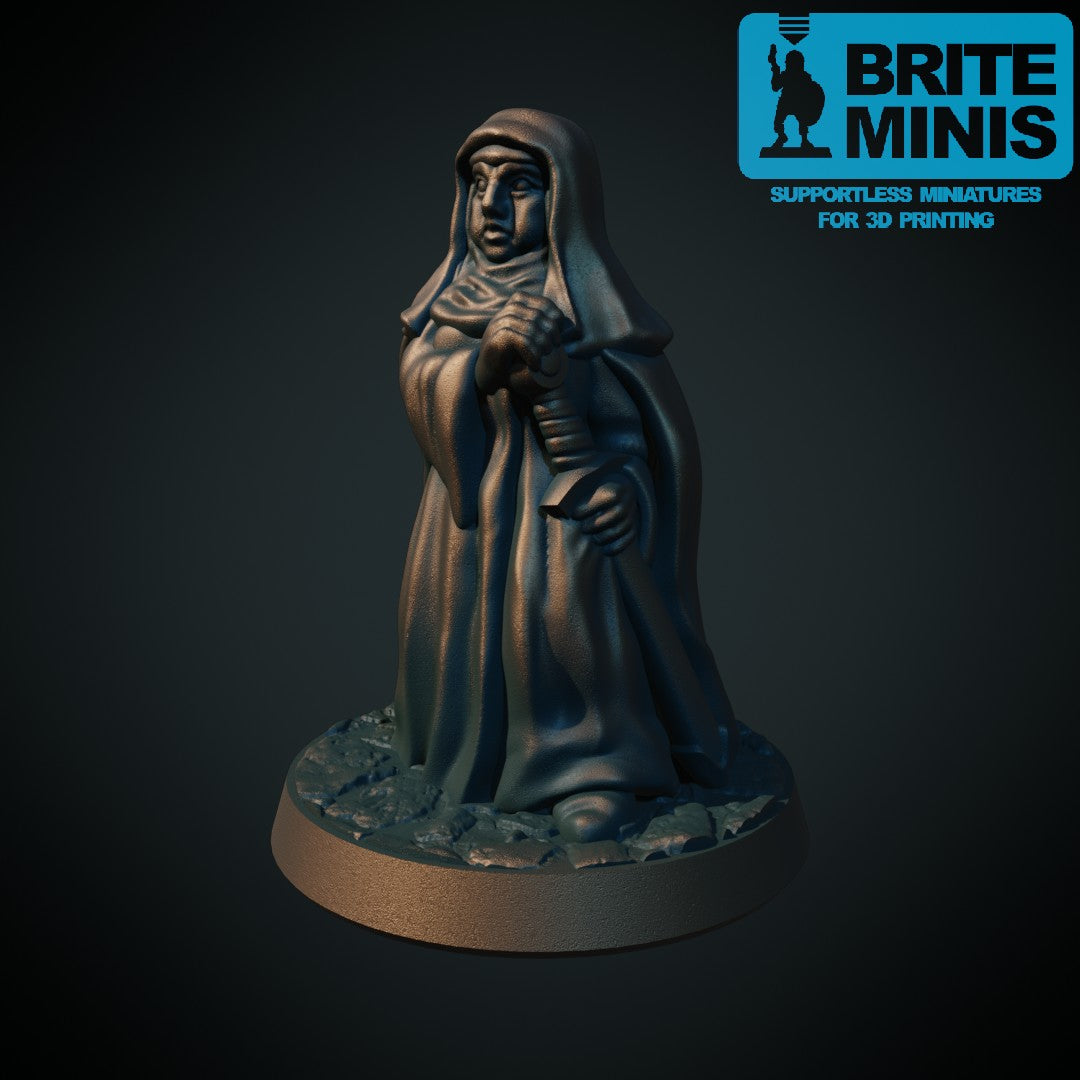 Nonne med sverd, 3D-printet D&D-miniatyr fra Spillsmia.