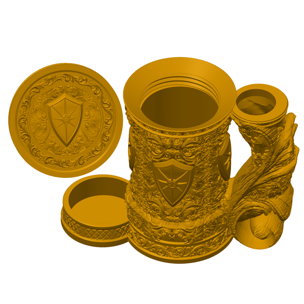 3D-printet gullfarget Paladin eventyrkrus med skjoldmotiv, skrulokk og integrert dice tower til D&D og tabletop-rollespill.