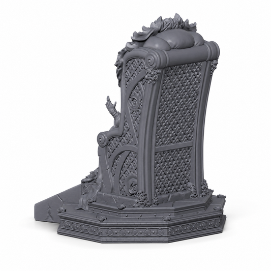 3D-printet Scarlet – Queen of the Rose vampyrdronning på trone i grå PLA til D&D og tabletop-rollespill.