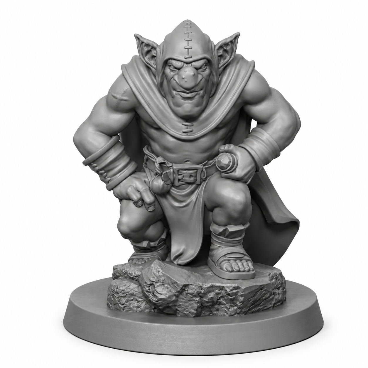 3D-printet Shnagg Goblin Thief miniatyr i grå PLA til D&D og tabletop-rollespill.