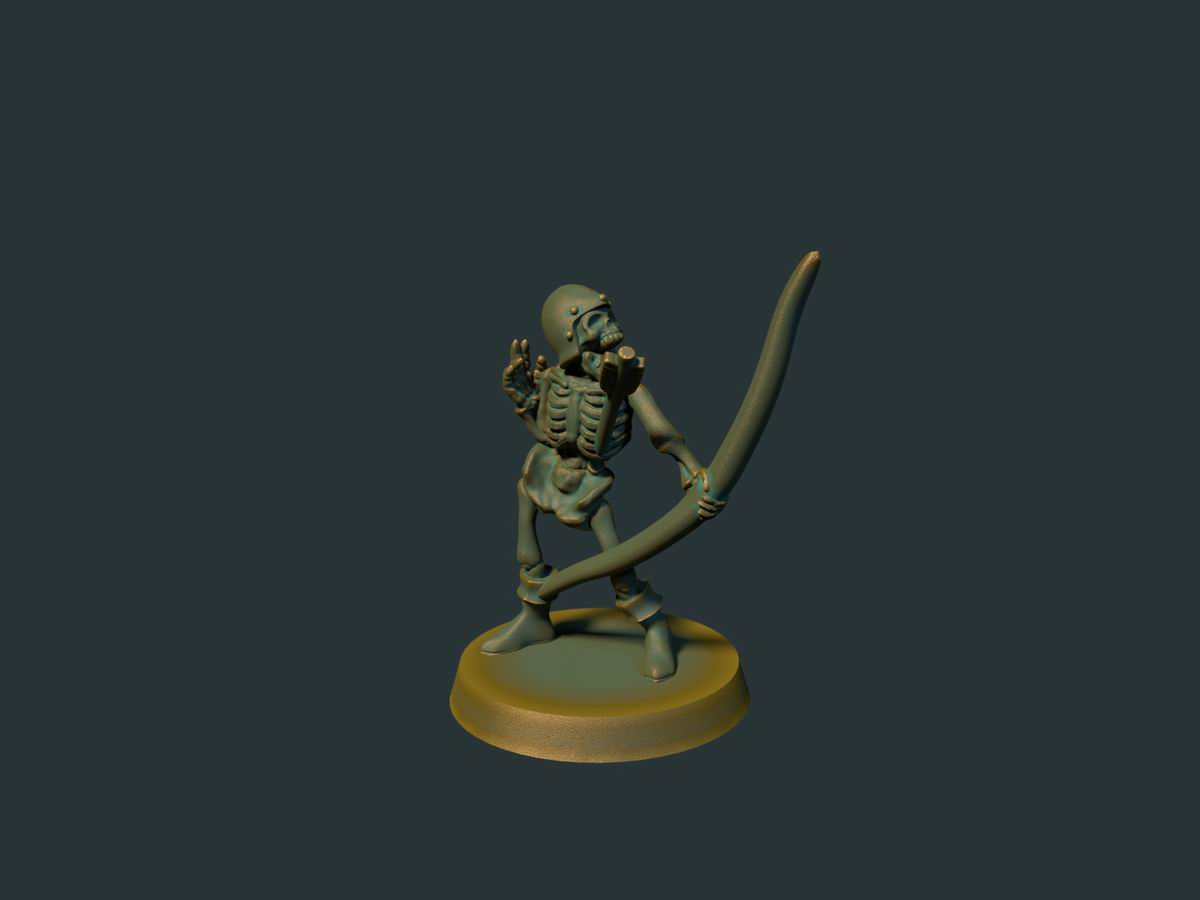 3D-printet skjelettbueskytter med bue og kogger i grå PLA til D&D og Pathfinder.