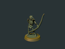 3D-printet skjelettbueskytter med bue og kogger i grå PLA til D&D og Pathfinder.