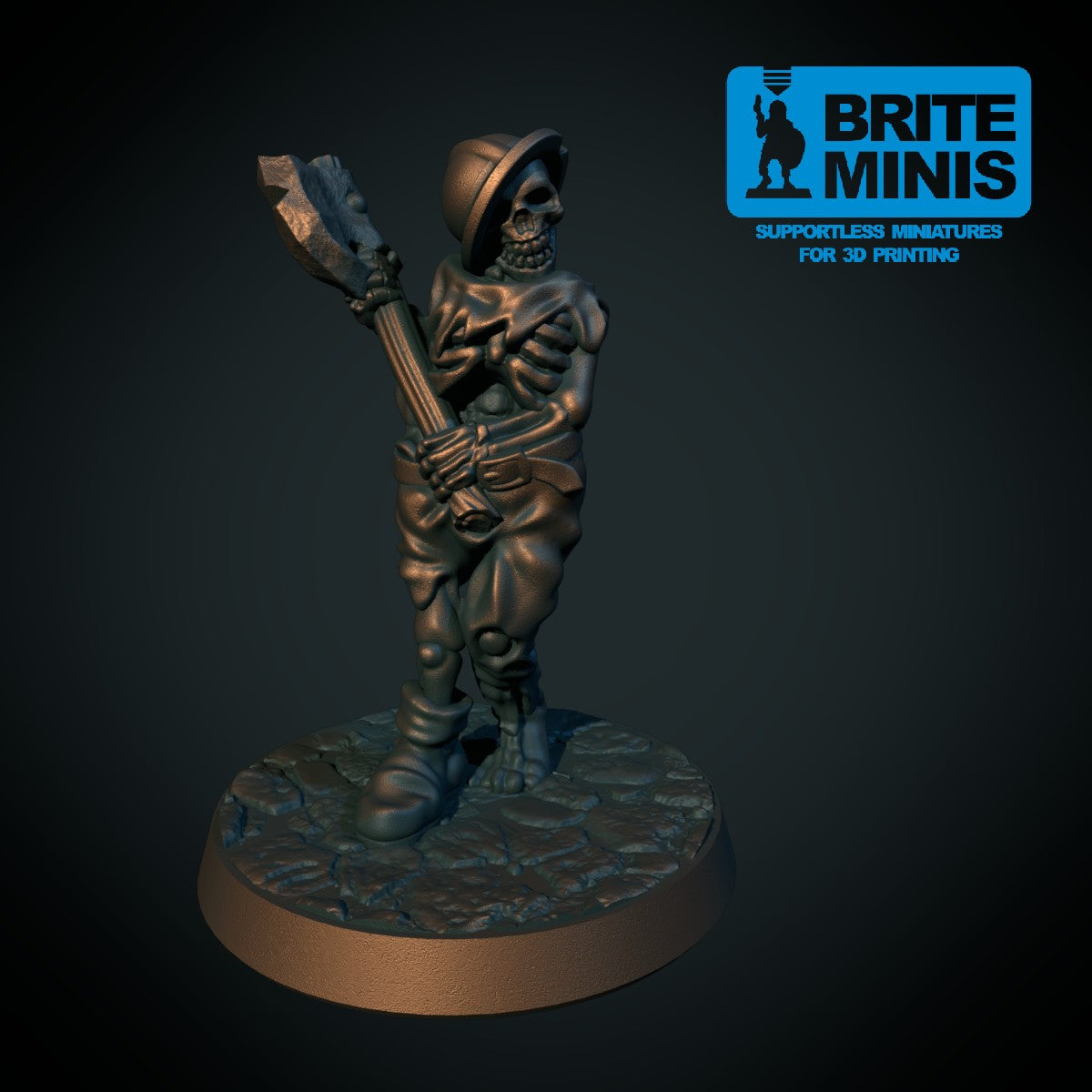 3D-printet skjelett med stridsøks i grå PLA til D&D og Pathfinder.