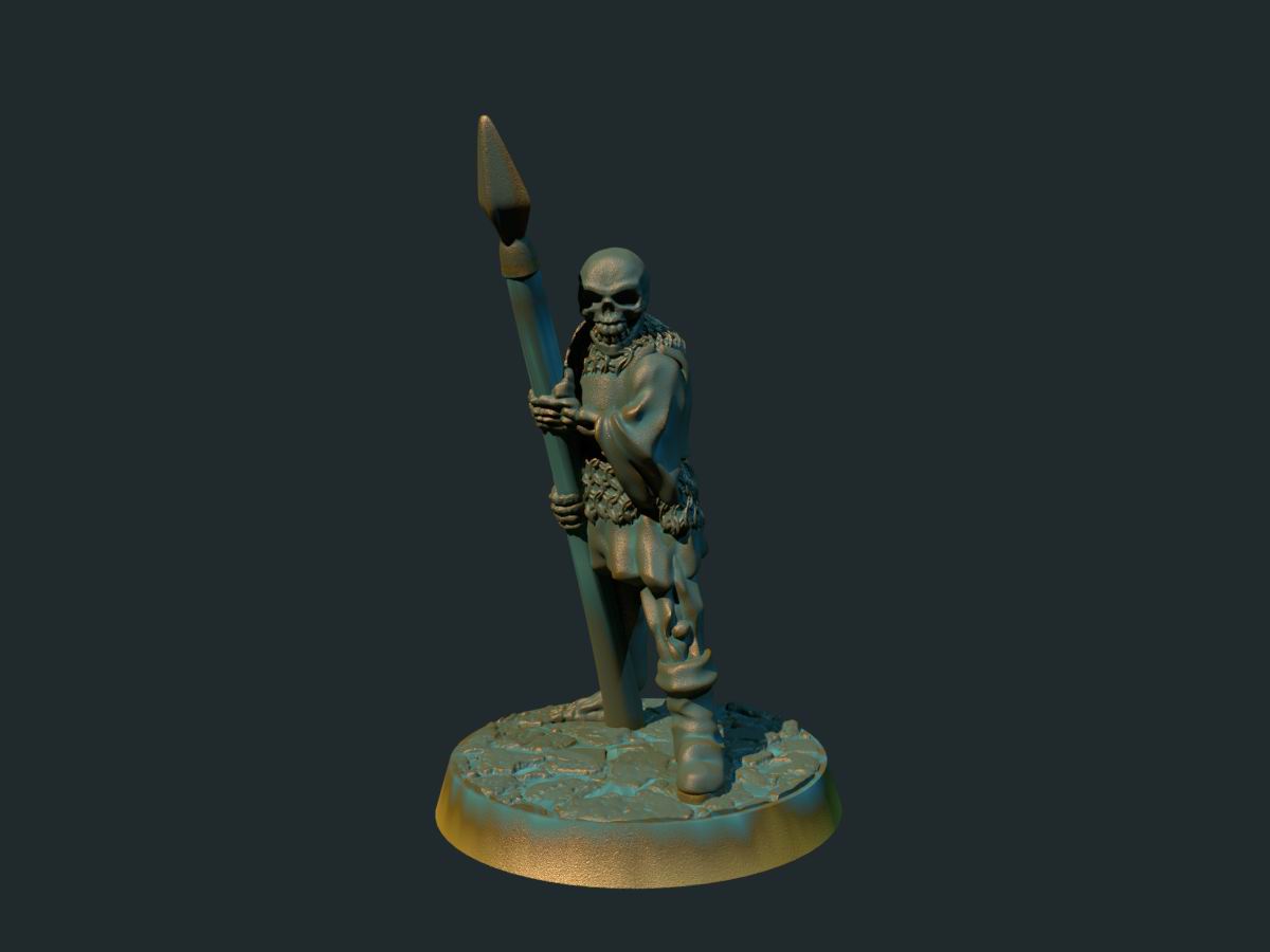 3D-printet skjelettspydmann med rustning i grå PLA til D&D og Pathfinder.