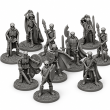 3D-printet sett med ti skjelettkrigere med sverd, spyd og skjold i grå PLA til D&D og Pathfinder.