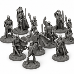 3D-printet sett med ti skjelettkrigere med sverd, spyd og skjold i grå PLA til D&D og Pathfinder.