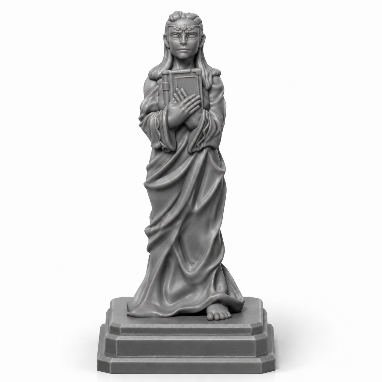 3D-printet statue av kvinneskikkelse i kappe på sokkel – rekvisitt til tempel og dungeon i D&D.