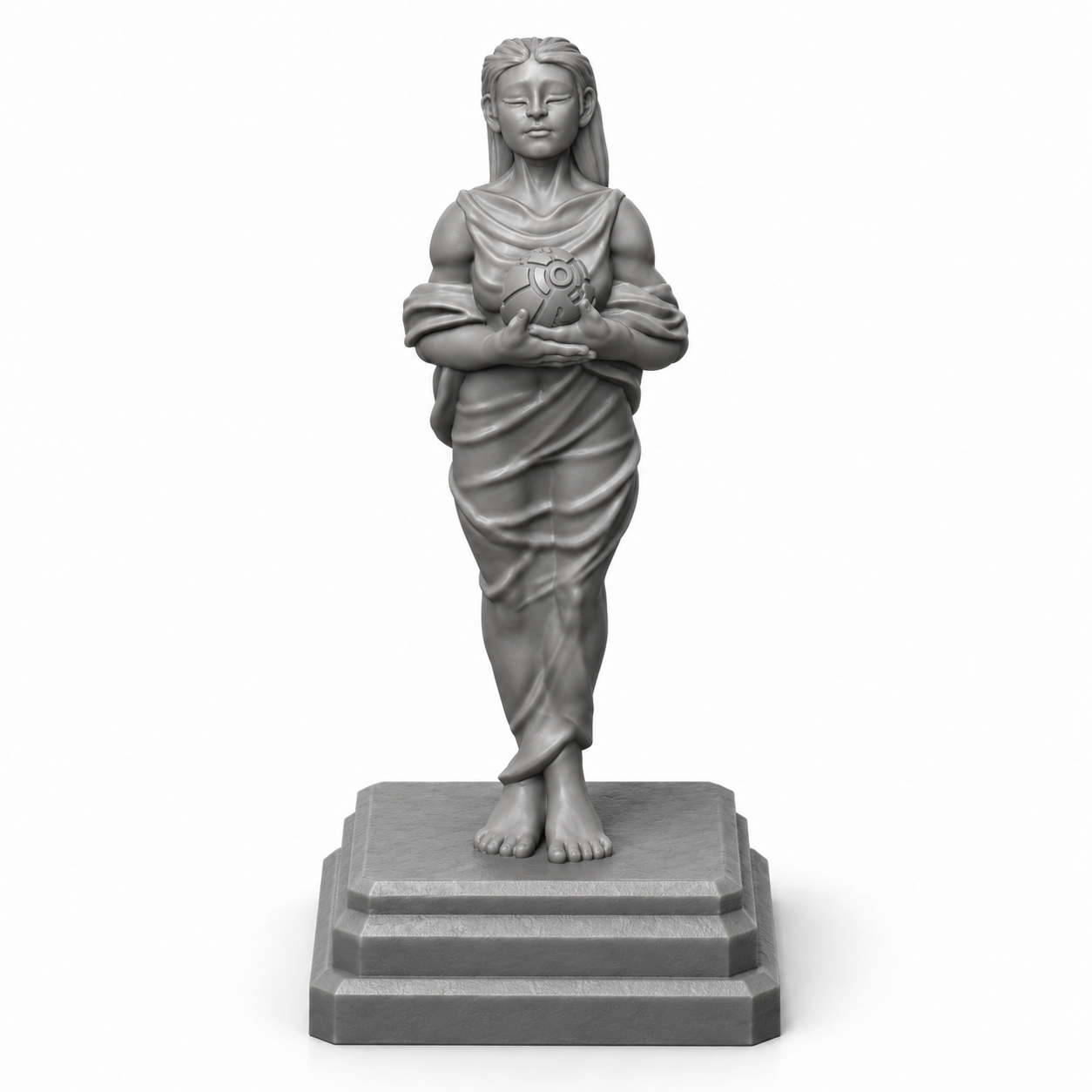3D-printet statue av kvinne med hendene mot brystet – rekvisitt til gravplass og tempel i D&D.